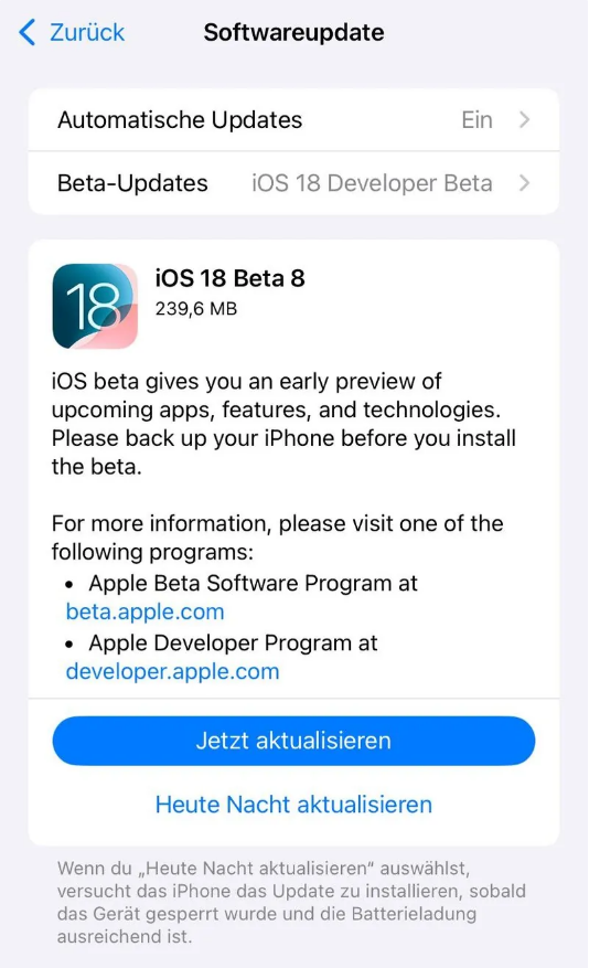 田阳苹果手机维修分享苹果 iOS / iPadOS 18 开发者预览版 Beta 8 发布 